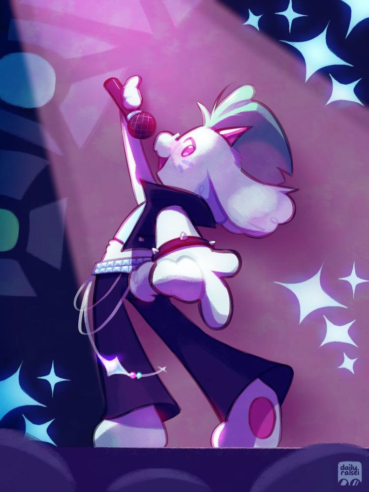 Ralsei is wearing a rockstar outfit, striking a pose while singing into a mic and pointing towards the viewer. He is singing on a stage with a bright spotlight shining down on him.