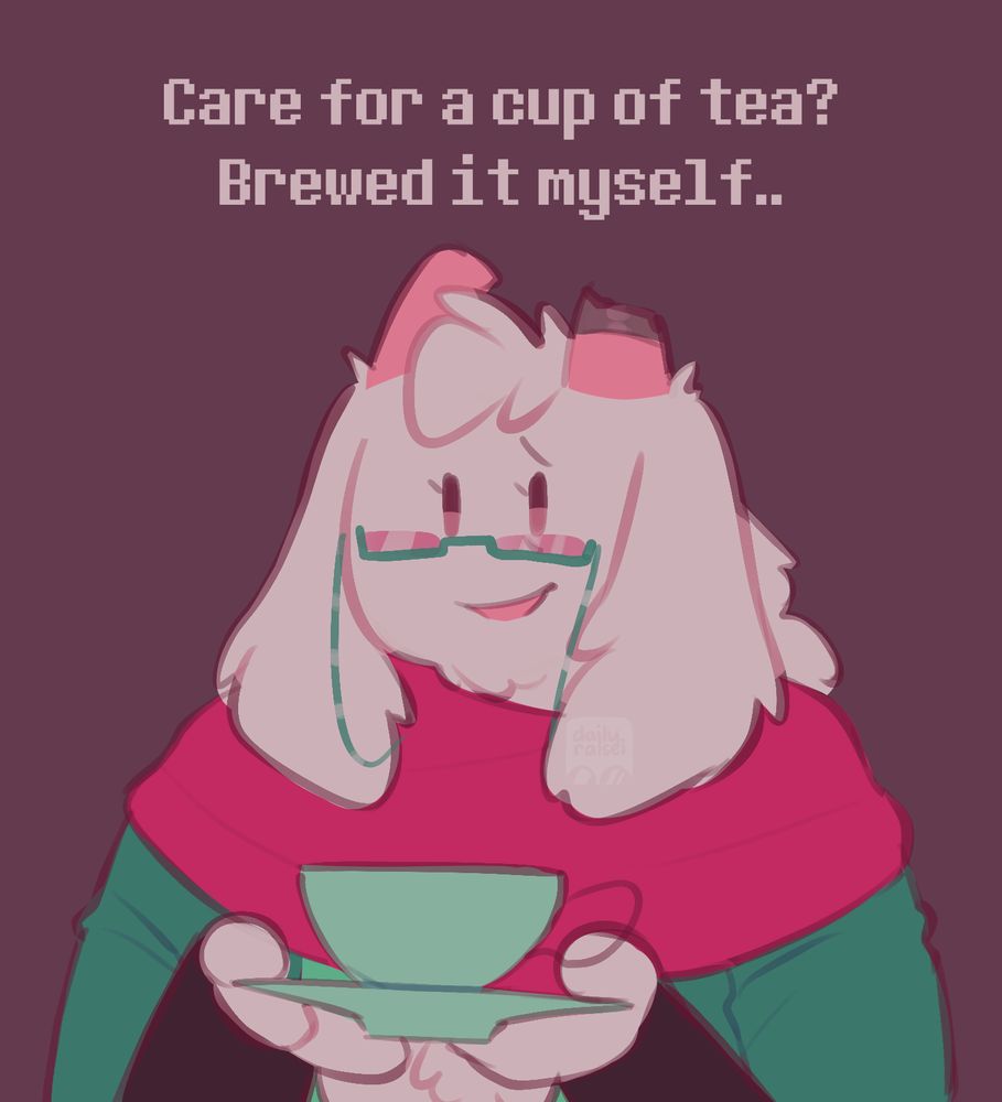 Oldsei (old Ralsei) offering a green cup of tea to the viewer. He says, "Care for a cup of tea? Brewed it myself.."
