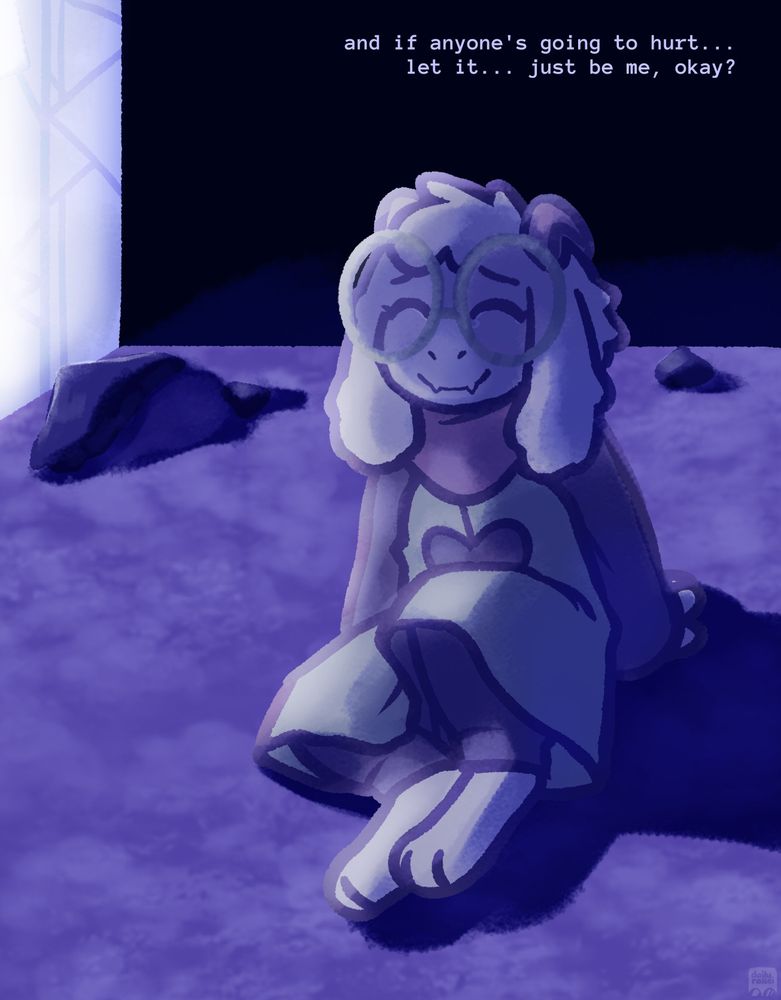 Ralsei is sitting on the floor, legs slightly pulled up to his chest. He has a pained smile. Bright blue light is shining on his left from the stained glass. "and if anyone's going to hurt... let it... just be me, okay?"