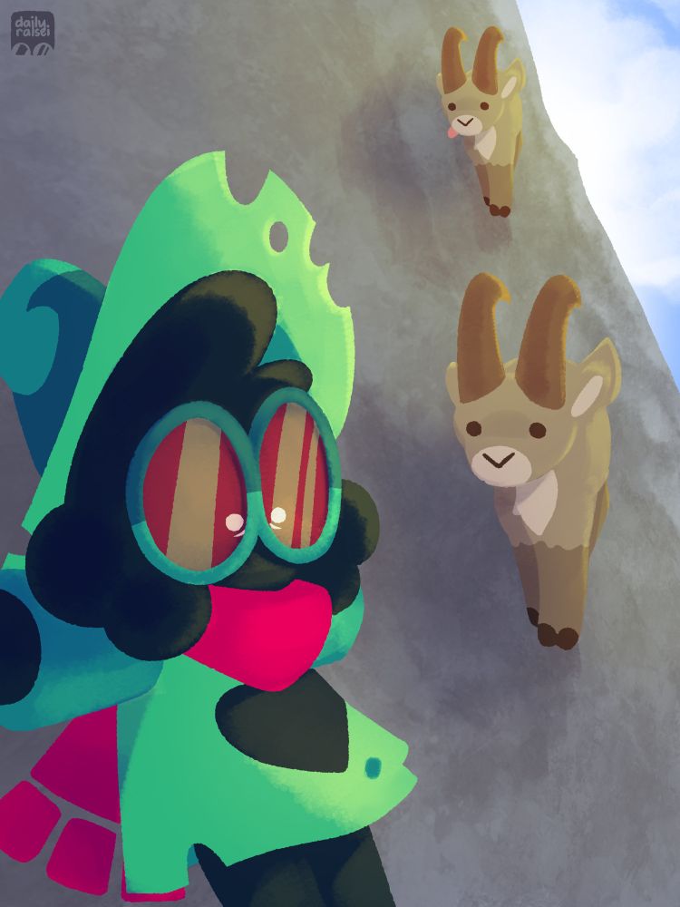 Ralsei is clinging to the edge of a cliff for dear life. Two Ibex goats are walking on the side of the cliff without issue.