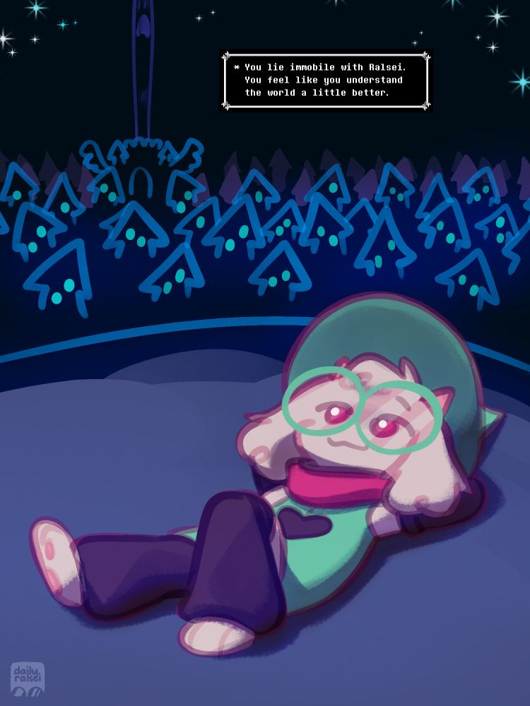 Ralsei is laying back on the ground, head rested in his arms. He is in a clearing, Castle Town houses and the Castle in the distance.