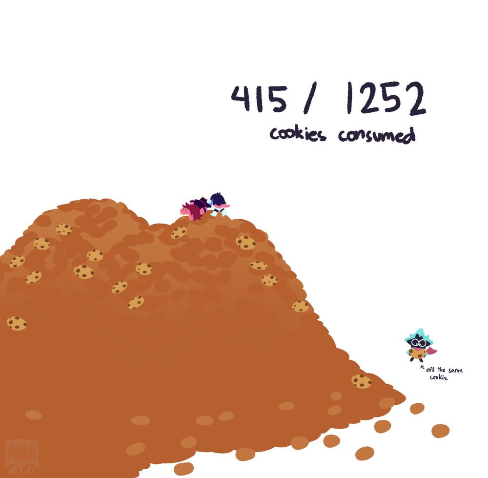 Ralsei is eating a cookie the size of his body. There is a huge pile of similarly sized cookies next to him. Kris is holding Susie up by the feet like she's a lawnmower as she's eating cookies. "415/1252 cookies consumed"
