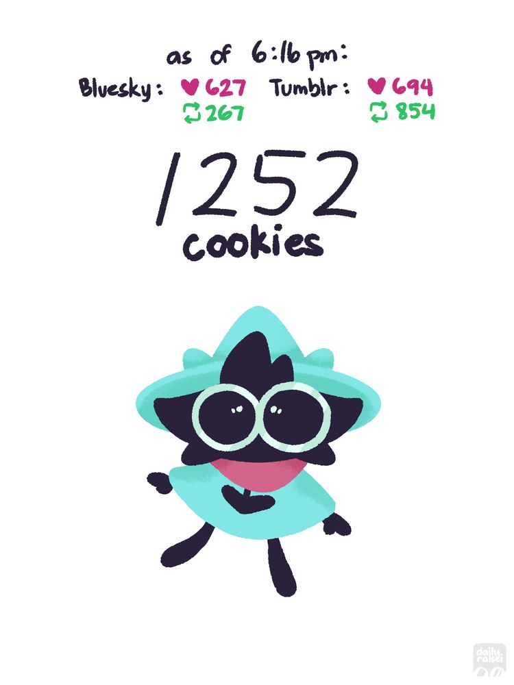1252 cookies total from Bluesky and Tumblr. Ralsei has a panicked expression.