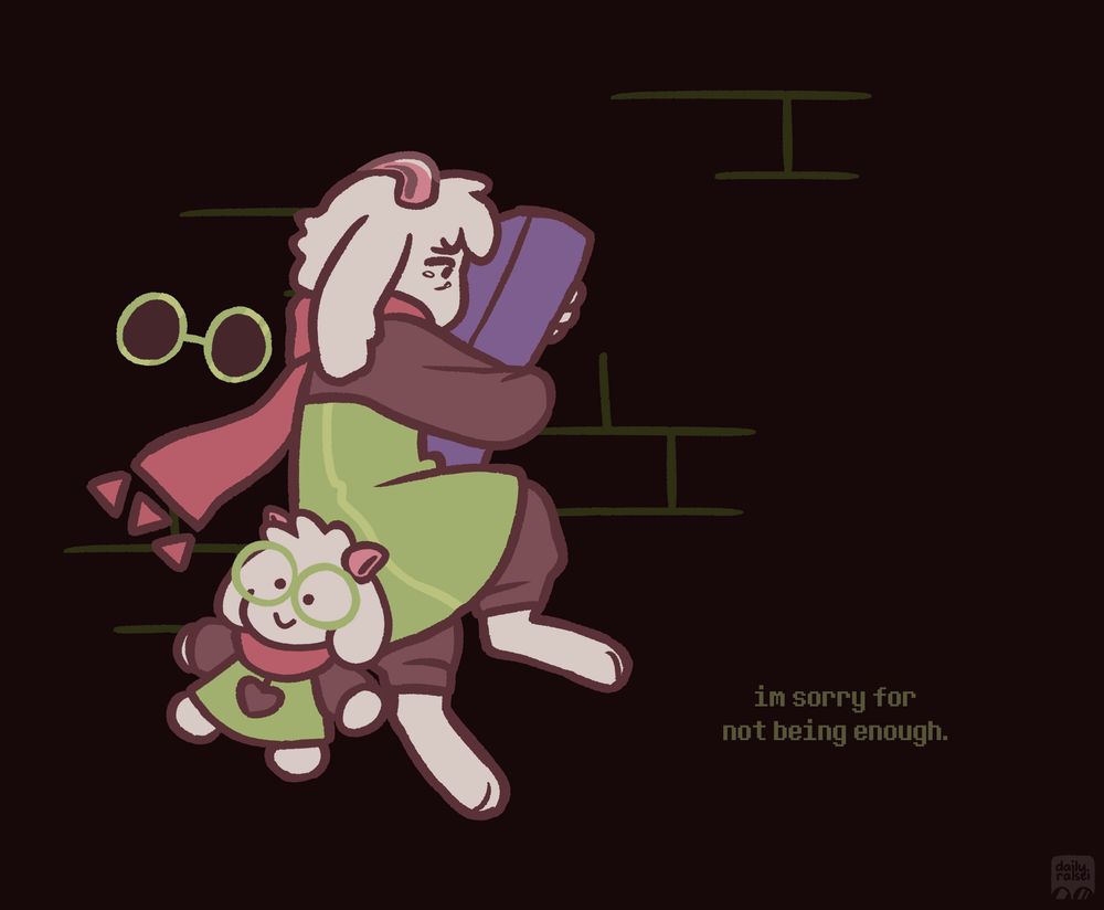 Ralsei is hugging a couch pillow, lying on the floor and crying. His Ralsei plushie is next to him on the floor.