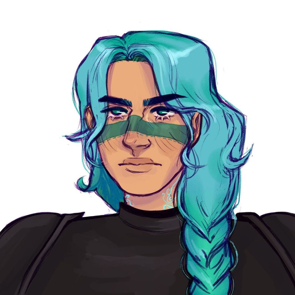 Desenho de mulher jovem branxa sobre fundo branco. Ela tem cabelos turquesa longos e lisos presos numa trança que cai sobre o ombro esquerdo. Seus olhos também são turquesa e uma faixa num tom mais escuro da mesma cor passa pelo meio de seu rosto, sobre o seu nariz. É possível ver tatuagens turquesa em seu pescoço, e ela veste uma armadura bem grande e preta.