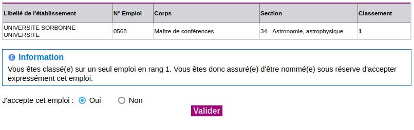 Screenshot from the GALAXIE app, showing that I have been ranked first for a lecturer position in Paris, and that I am accepting it.