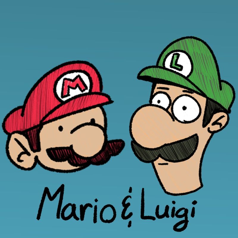 A 20 minute sketch of Mario from Mario Bros on the left, styled similarly to their appearance in Paper Mario. And then on the right is Luigi from Mario Bros, styled as how I always picture him in my head, a little bit like Ferb (from Phineas and Ferb) and a mile long stare in his eye.