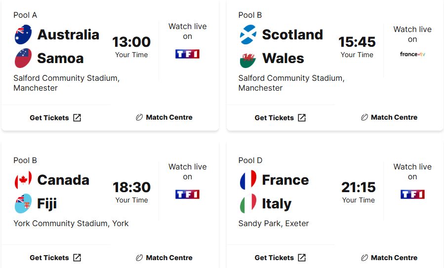 Calendier des matchs de la journée pour la coupe du monde de rugby féminin.

Détail dans le post