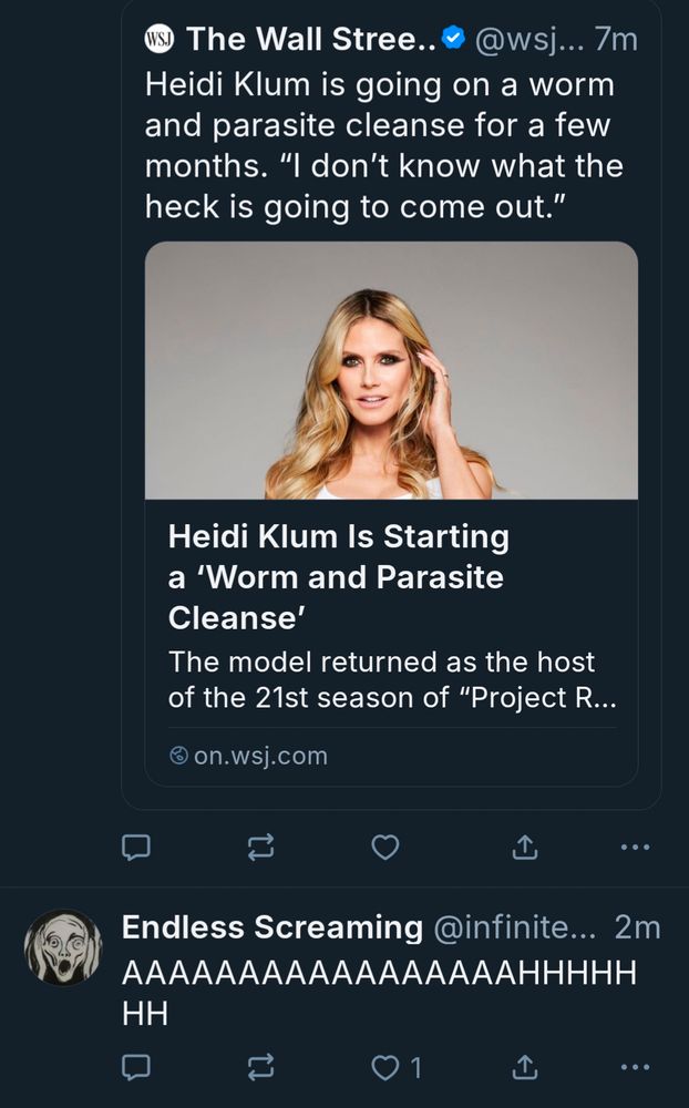 a post from the wall street journal about heidi klum doing a "worm and parasite cleanse" and then below that is a post of the endless screaming account 