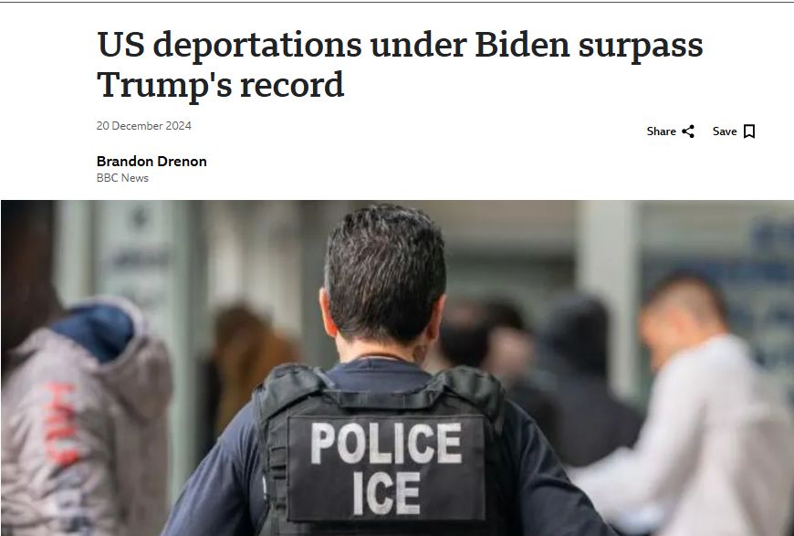 BBC news story from Dec. 2024. Headline "US Deportations Under Biden Surpass Trump's Record"