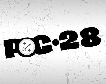 A logo that says POG28 but with the O being a pog.