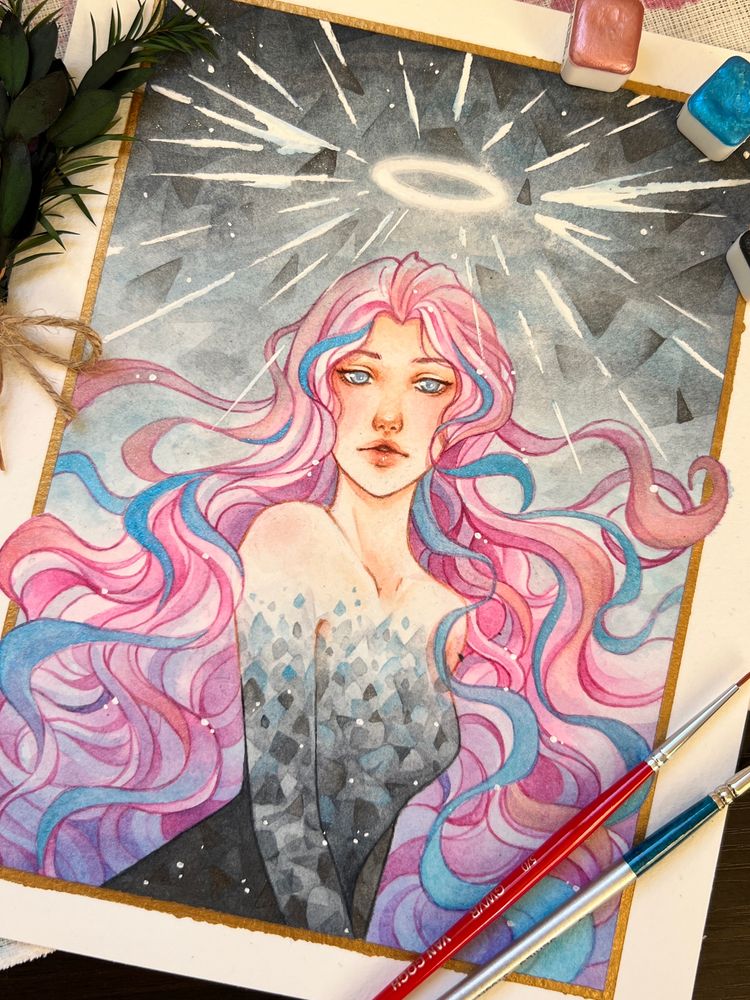 A female with long pink flow hair with blue streaks, wearing crystal-textured clothing, standing under a glowing halo against a crystal-textured black sky.