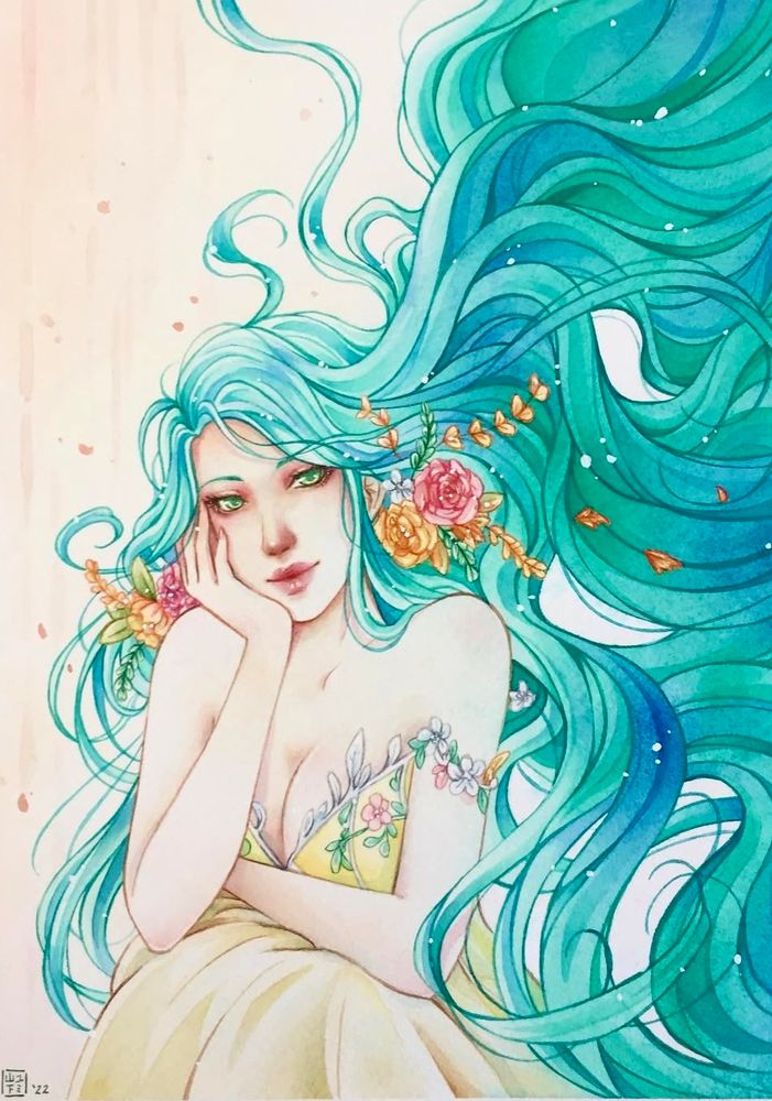 A female with long flowing, green hair and wearing a yellow dress and flowers in her hair, resting her head in her hand.