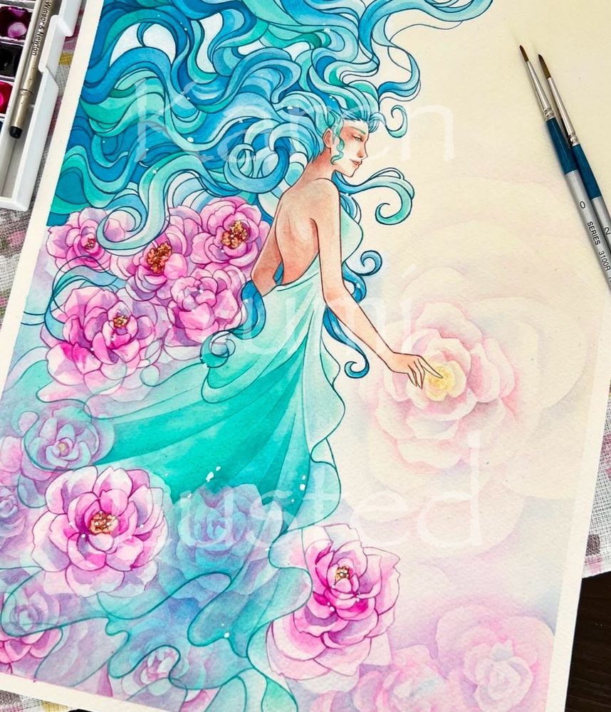 A female with long green-blue flowing hair, dressed in a long flowing green dress, surrounded by pink peonies and touching a large translucent flower.