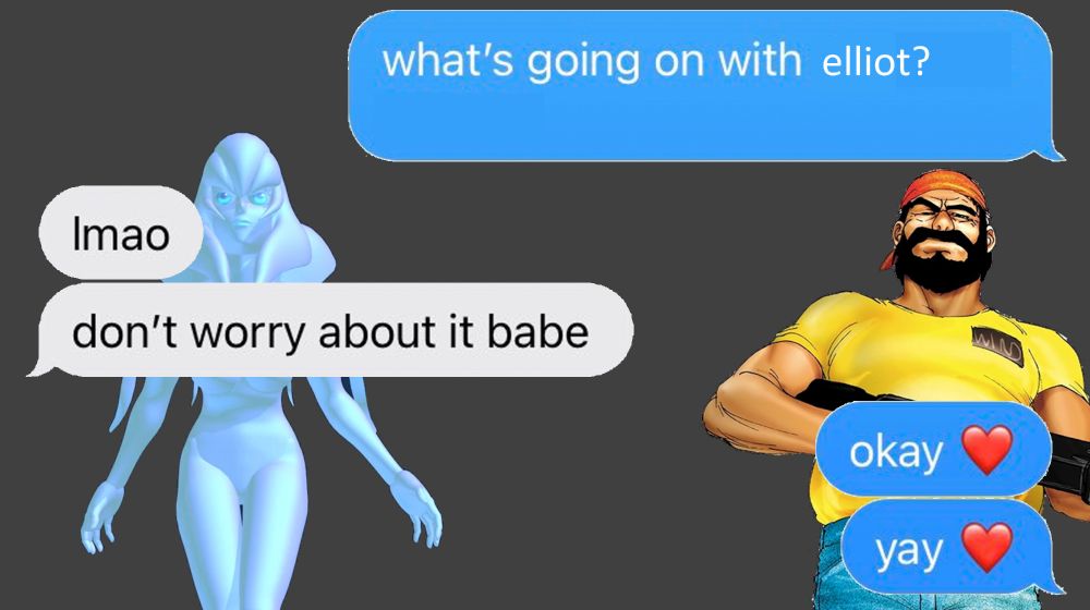 Texts between Dogs Bower and Nephilim from Blue Stinger. Dogs says "what's going on with eliot?" followed by Nephelim responding "lmao, don't worry about it babe". Dogs ends with "okay <3, yay <3"