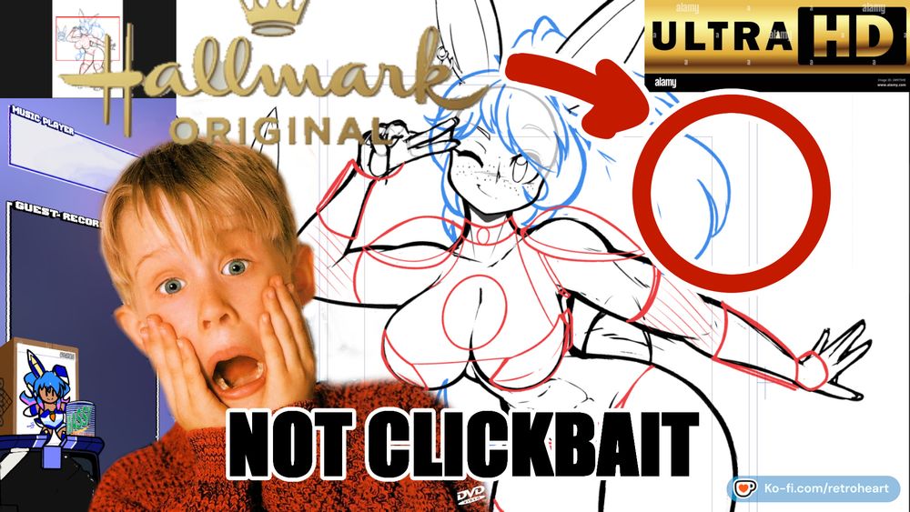 A streaming overlay with a WIP sketch covered by the Hallmark Original logo, an Ultra HD logo, Kevin from Home Alone, a red circle, and NOT CLICKBAIT on it. Absolutely repugnant. Who would do such a thing.
