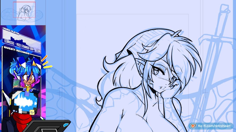 Work in progress of a lamia laying on her front with a sword stuck into the ground behind her. Chibi Bun-E03 and The Monitor are off to the side on the overlay.