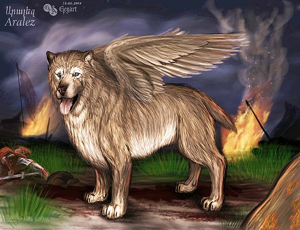 A winged dog standing in a battlefield.