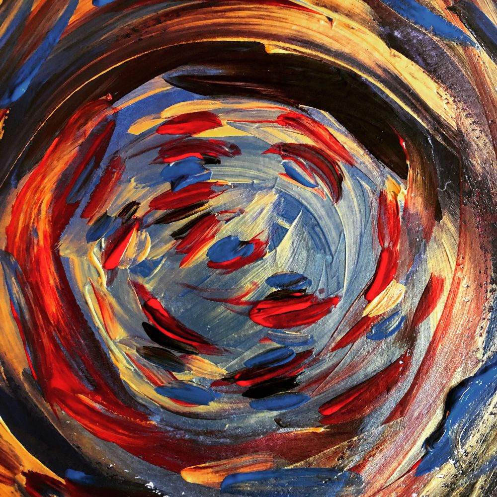 An abstract painting with a circular, chaotic feel.