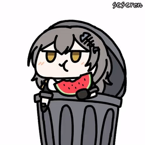 a cartoon of a girl eating watermelon in a trash can .