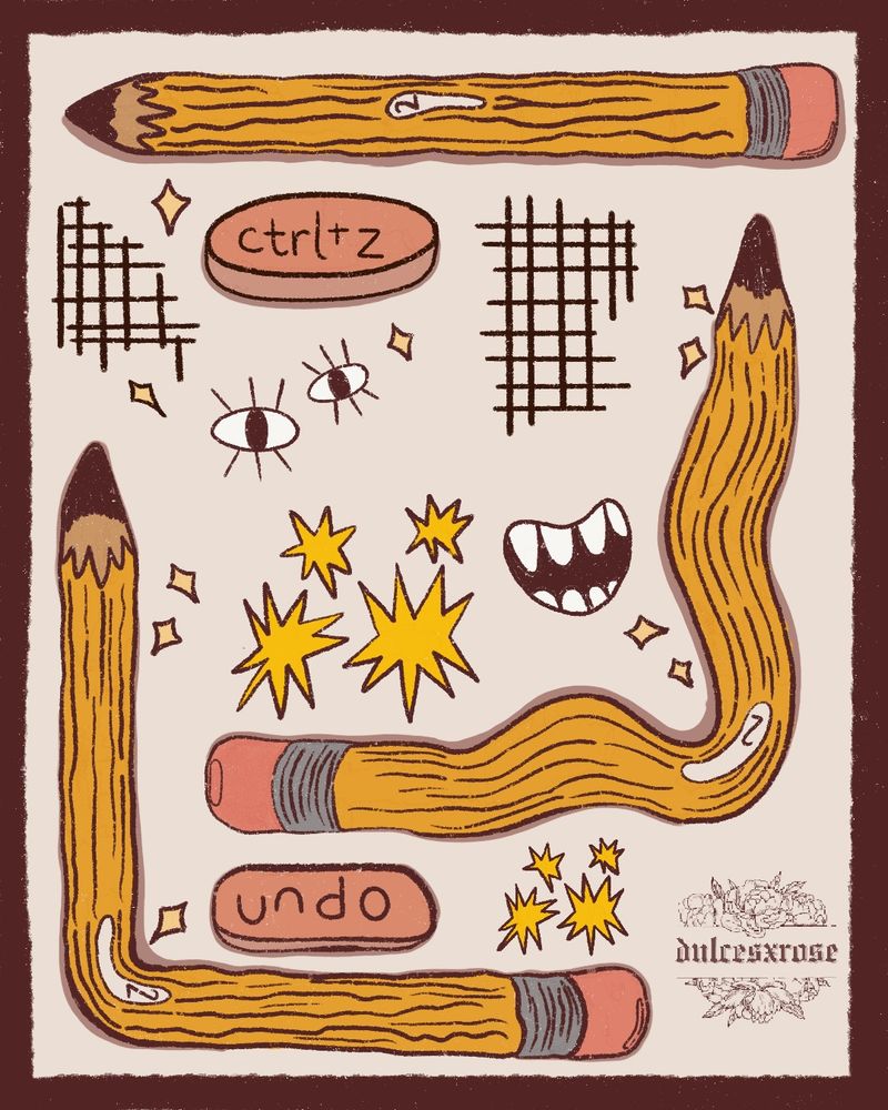 Digital drawing by dulcesxrose

3 out of shape #2 pencils, 2 erasers that say undo and ctrl+z, yellow stars and a mouth with teeth.