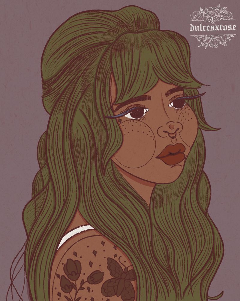 art by dulcesxrose

a Black woman with long wavy green hair and accordion bangs. they have blue winged eyeliner and red lipstick with a lot of moles on their cheeks. they have a white tank top on and flowers and butterfly tattoos on their arm.
