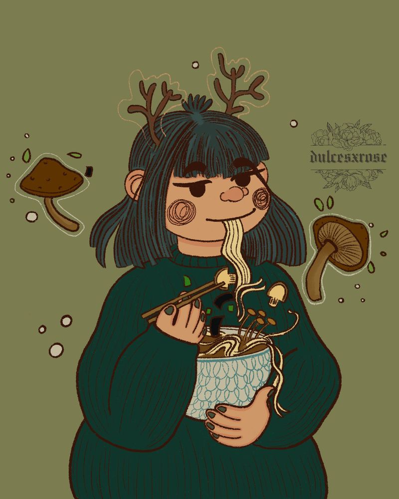 art by dulcesxrose

Blue haired being with antlers wearing an oversized dark green sweater while eating a massive bowl of ramen. The mushrooms and veggies are flying out the bowl and floating around their head.