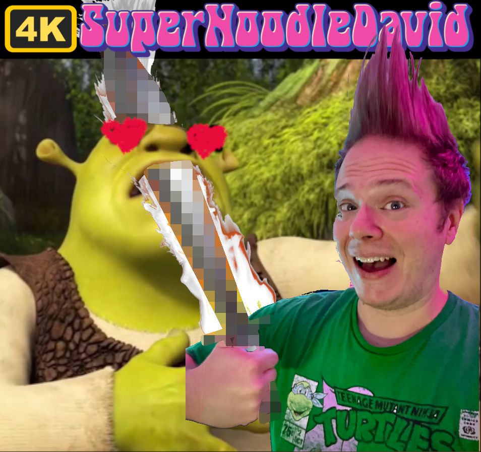 Super Saiyan Super Best David stabs Shrek in the mouth with a censored firey sword