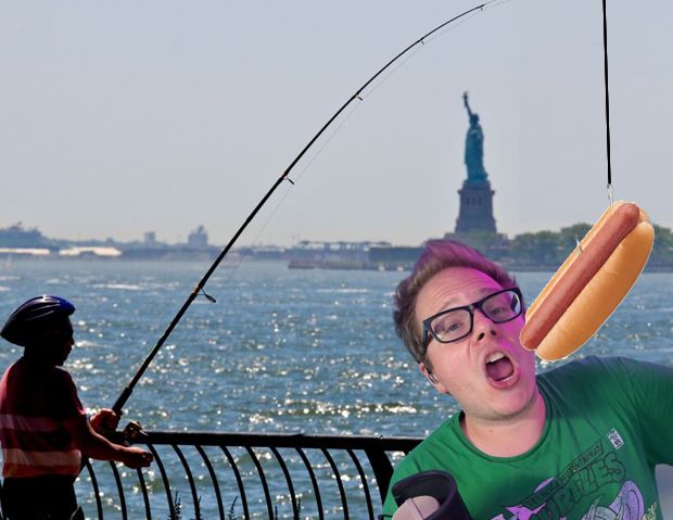 A fisherman in NYC nearly catches SuperBestDavid with a glizzy on a fishing pole