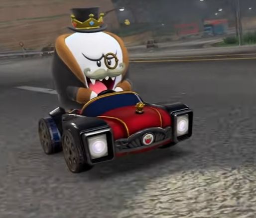 King Boo is the fanciest racing boy in all the land while wearing his fur coat, his top hat, his twirly mustache, and his monocle