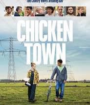 Film poster for Chicken Town, showing a young guy walking with his bike and talking to a girl 