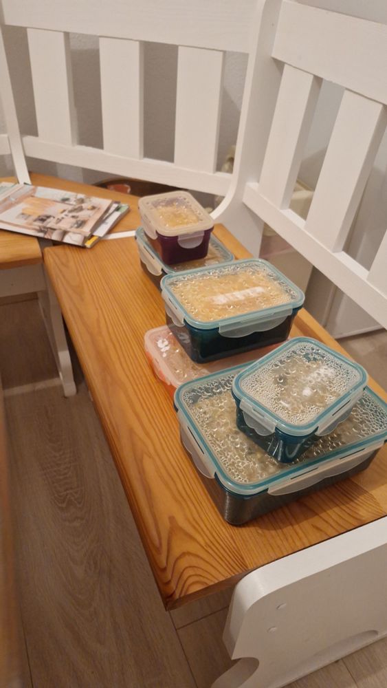 Verschidenes Gemüse fertig gekocht und jeweils mit Reis gemischt und in Dosen zum Einfrieren portioniert. 