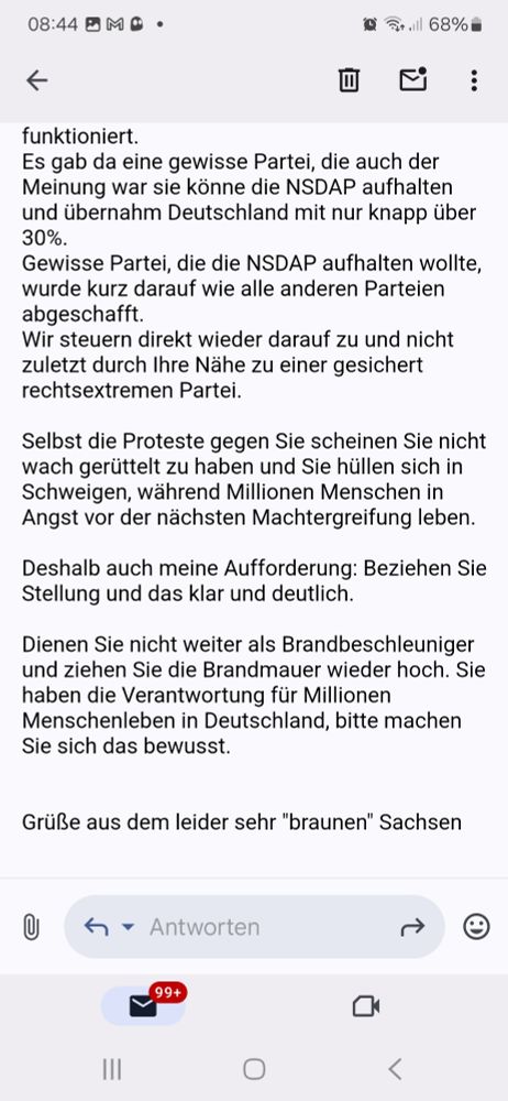 Aufforderung an Herr Merz nicht weiter als Brandbeschleuniger zu dienen, sondern die Brandmauer wieder aufzubauen. 