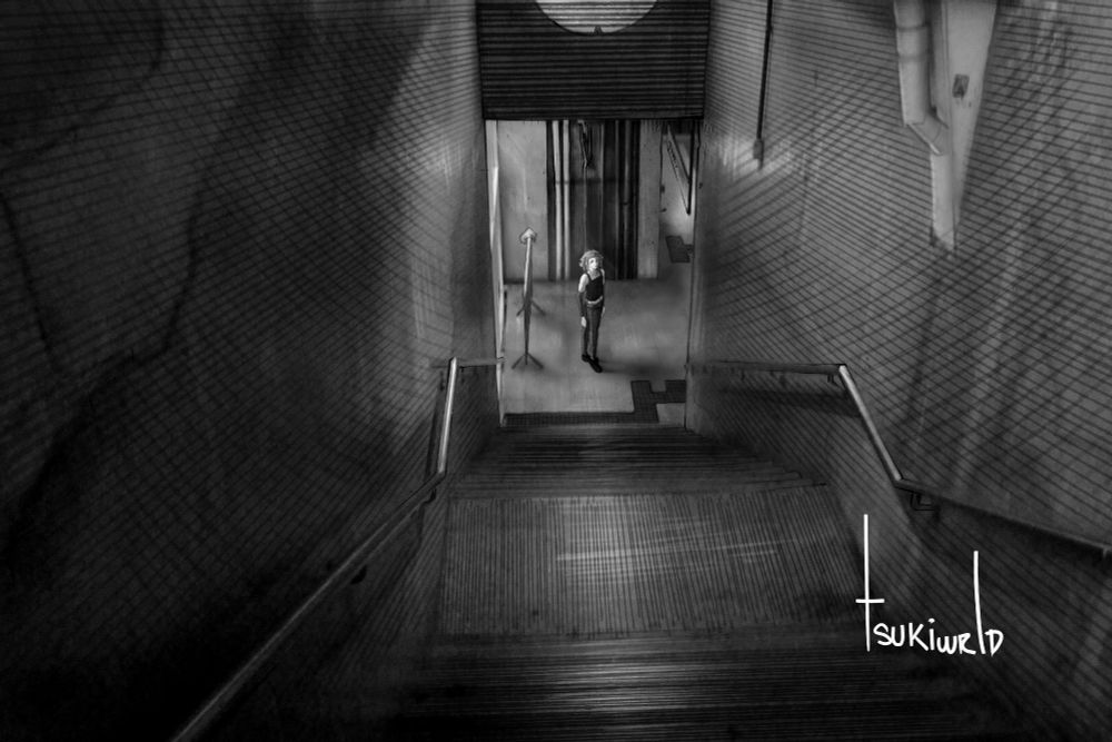 Personagem criado por mim sendo visto à distância de uma escadaria de uma estação de metrô de cima para baixo. Desenho monocromático em escala de cinza, estilo hachurado.