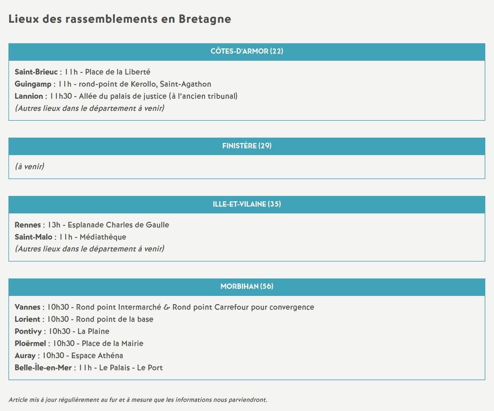 Lieux de rassemblements en Bretagne : 

Côtes-d’Armor (22)
Saint-Brieuc : 11h - Place de la Liberté
Guingamp : 11h - rond-point de Kerollo, Saint-Agathon
Lannion : 11h30 - Allée du palais de justice (à l’ancien tribunal)
(Autres lieux dans le département à venir)

Finistère (29)
(à venir)

Ille-et-Vilaine (35)
Rennes : 13h - Esplanade Charles de Gaulle
Saint-Malo : 11h - Médiathèque
(Autres lieux dans le département à venir)

Morbihan (56)
Vannes : 10h30 - Rond point Intermarché & Rond point Carrefour pour convergence
Lorient : 10h30 - Rond point de la base
Pontivy : 10h30 - La Plaine
Ploërmel : 10h30 - Place de la Mairie
Auray : 10h30 - Espace Athéna
Belle-Île-en-Mer : 11h - Le Palais - Le Port

Article mis à jour régulièrement au fur et à mesure que les informations nous parviendront.