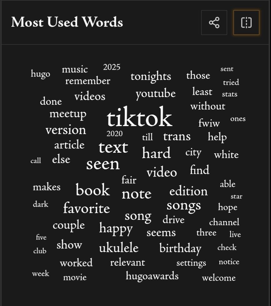 Word cloud visualization for my 2025 Bluesky posts showing my 50 most-used words, sized by frequency. Top 10: "tiktok" (21×), "text" (14×), "seen" (14×), "book" (12×), "note" (12×), "favorite" (11×), "songs" (11×), "hard" (11×), "song" (10×), "version" (10×) (from Anisota's Annual Bluesky Harvest)