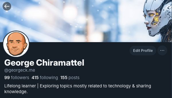 Example profile page in Bluesky. If you try to select and copy the handle (in this example, `@georgeck.me`), you will get (U+202A & U+202C) added to the selected text
