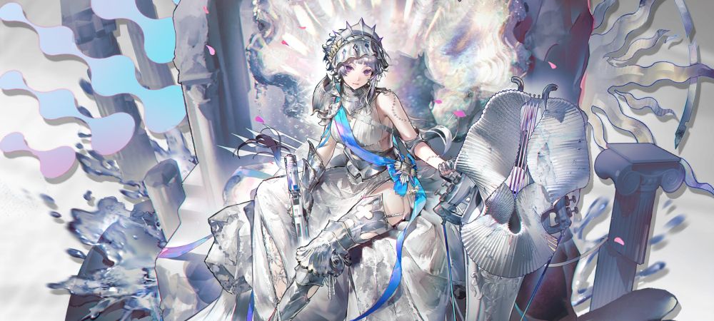 In-game art of Underflow's alternate skin from Arknights, an operator from Aegir with short white hair and purple eyes. She is depicted wearing an all-white dress under silver armor.