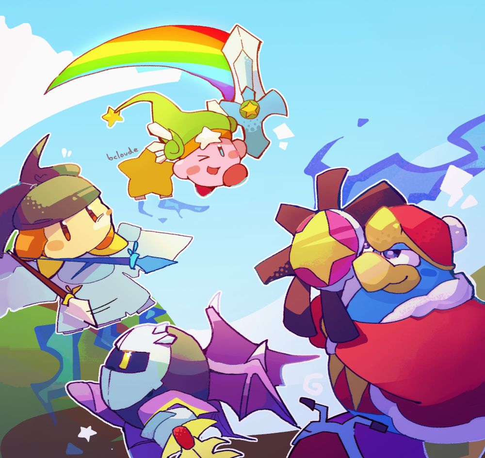 A drawing of kirby, bandana waddle dee, meta knight and king dedede racing on vehicles in a determined manner. All of them are using their special moves.