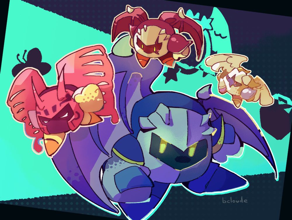 A drawing of morpho knight, dark meta knight and galacta knight lined up along the wings of meta knight.