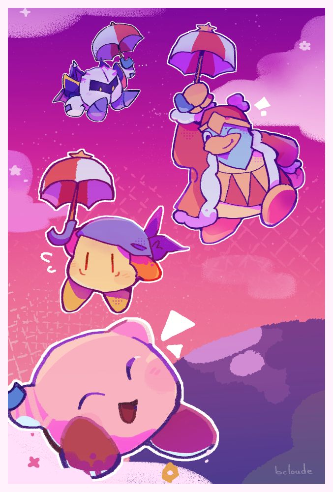 A drawing of meta knight, king dedede, bandana waddle dee and kirby all holding open parasols, with expressions of fear, admiration and happiness. They are drifting downwards in an area reminiscent of nutty noon, with various clouds in the background and a pink/orange colour palette.