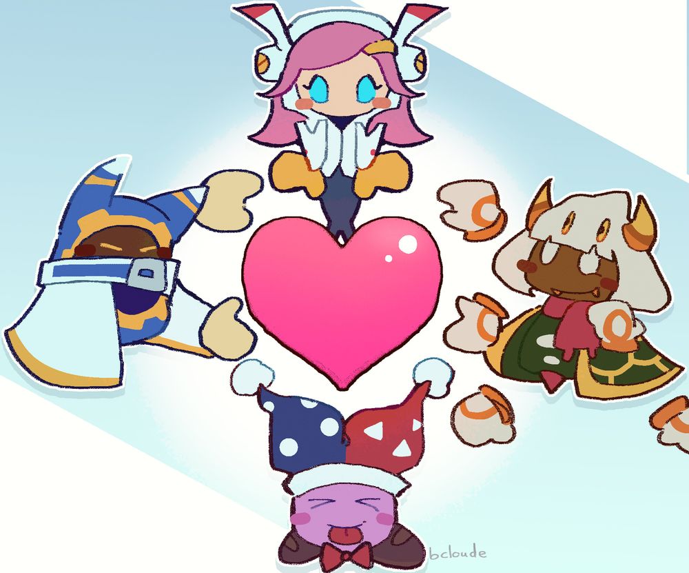Drawing of magolor, susie, taranza and marx happily using their hands (hat for marx) to form a heart shape. In the middle of them is a pink solid heart.