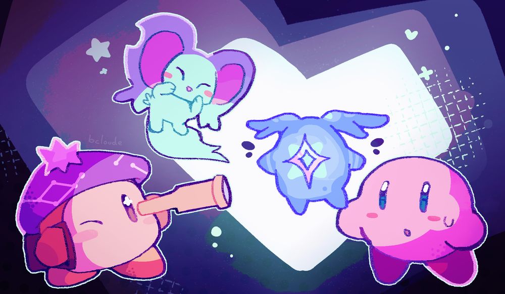 A drawing of kirby, elfilin and astronomer waddle dee looking curiously at a starry. Astronomer waddle dee is using their telescope to do so.