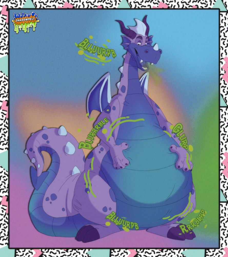 Dragon shaking their belly after swallowing multiple preys. Burping with lots of gurgling and sloshing sounds.