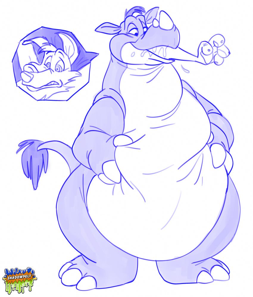 A large Rhino voring / eating a canine character. Their arm still poking out of the rhino's mouth.