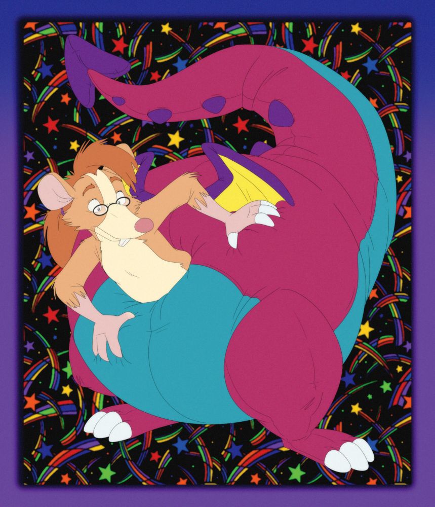 Shot of a rat mid transforming into a plush dragon. They're twisting around to look at their new dragon dumpy.
