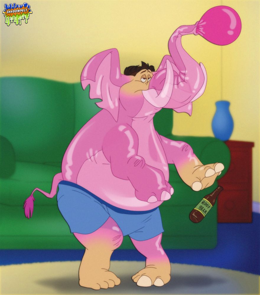 A man dropping a root beer bottle as he turns into a pink elephant. Looking dazed and blowing a bubble from his trunk. 