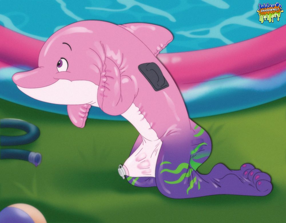 A furry transforming into a dolphin pool toy. His upper half mostly transformed as he grabs at the head. 