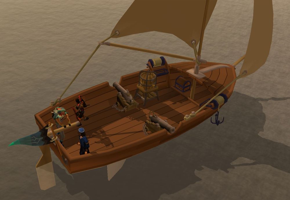 A sloop boat used in the sailing skill in old school runescape. A player controls the helm at the rear of the boat with a sailor dressed in blue next to him standing idle. The boat has 2 steel cannons, one at each side and 2 mithril salvaging hooks, one at each side as well. The boat is brown with tan sails and a blue flag from barracuda trials minigame. 