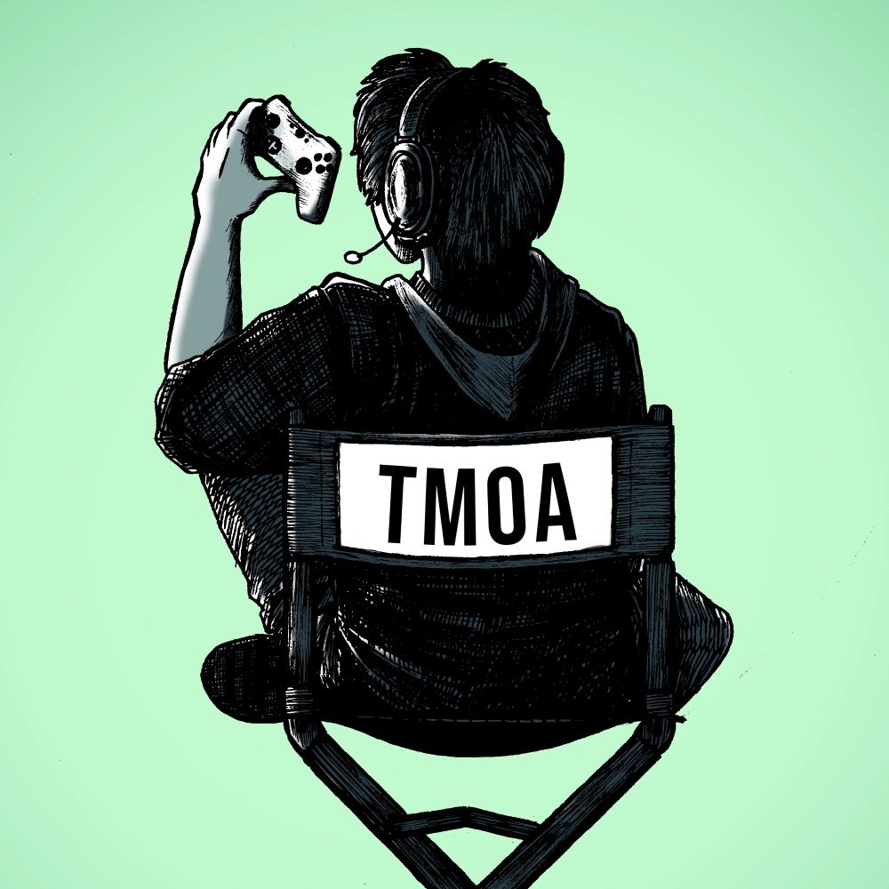 Silhoutte person sitting in a director chair labeled TMOA, wearing a headset and holding a game controller, spotlighted against a teal green background.